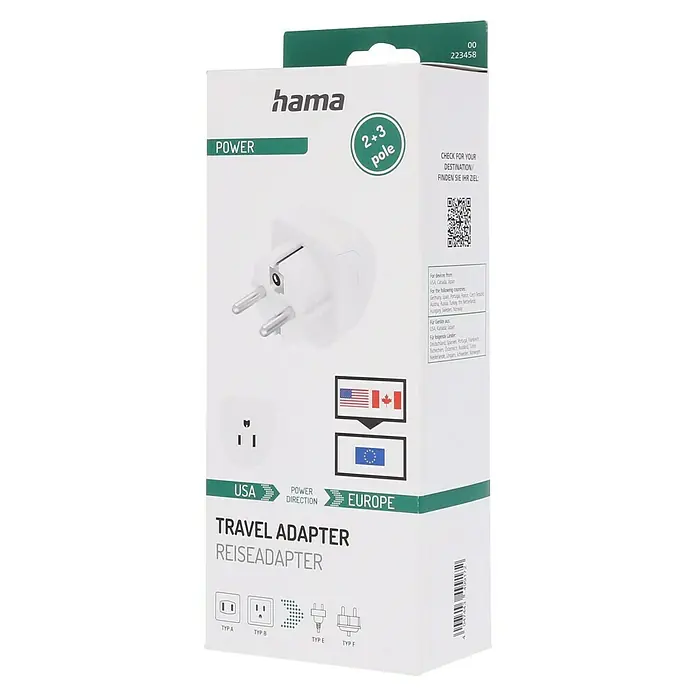 Hama Reiseadapter USA/Kanada nach Europa - Netzsteckertyp Reiseadapter: Typ E+F (CEE 7/7), Weiß - Abbildung eines Hama Reisesteckers für die Steckdosentypen A bis F von USA nach Europa. Ideal für Reisen.