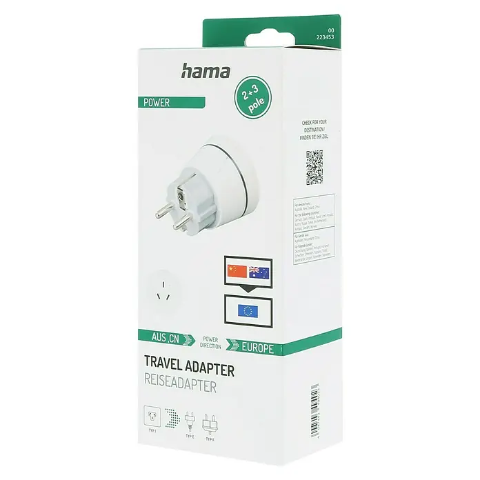 Hama Reiseadapter China/Australien nach Europa - Netzsteckertyp Reiseadapter: Typ E+F (CEE 7/7), Weiß - Abbildung einer Hama Reiseadapter-Verpackung, die einen Steckeradapter zur Verwendung von Geräten aus Australien und China in Europa zeigt.