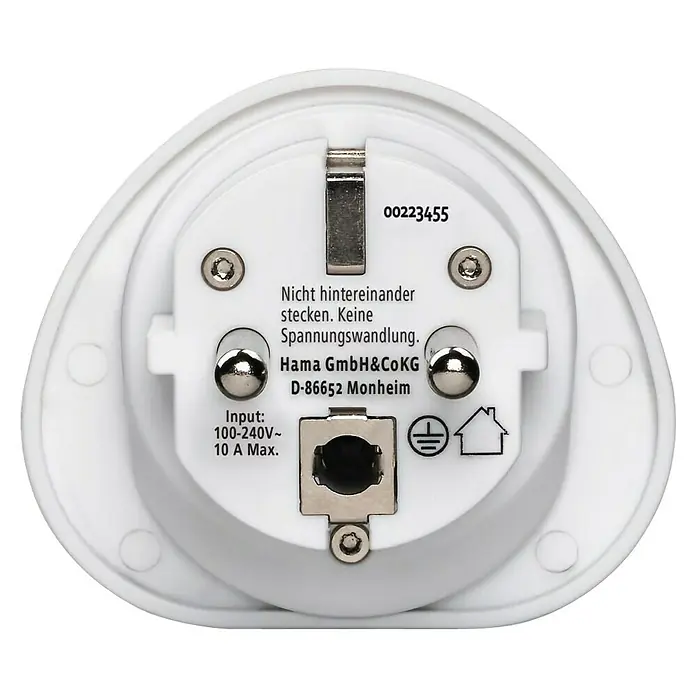 Hama Reiseadapter Welt nach Europa - Netzsteckertyp Reiseadapter: Typ E+F (CEE 7/7), Weiß - Rückseite eines weißen Hama-Steckers mit technischen Details und Warnhinweisen für sicheren Gebrauch.