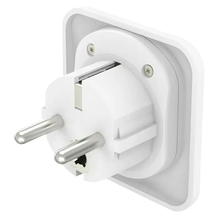 Hama Reiseadapter Welt nach Europa - Netzsteckertyp Reiseadapter: Typ E+F (CEE 7/7), Weiß - Nahaufnahme eines weißen Eurosteckers, der für Steckdosen in Europa verwendet wird und sich ideal für Reisen oder den Heimgebrauch eignet.