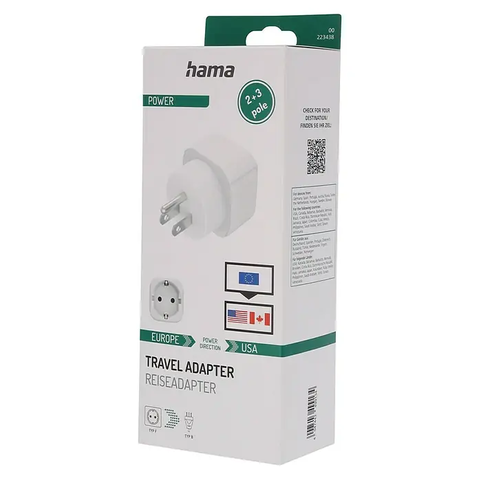 Hama Reiseadapter Europa nach USA, Kanada, Karibik, Japan & Ostasien - Netzsteckertyp Reiseadapter: Typ B (NEMA-5), Weiß - Produktverpackung eines Hama Reiseadapters, der für die Verwendung von Geräten mit EU-Steckern in den USA geeignet ist.