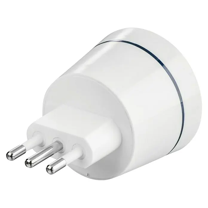 Hama Reiseadapter Europa nach Italien - Netzsteckertyp Reiseadapter: Typ L (CEI 23-50), Weiß - Weißer Reisestecker mit drei Stiften und einem blauen Band für den Einsatz in verschiedenen Steckdosenstandards.