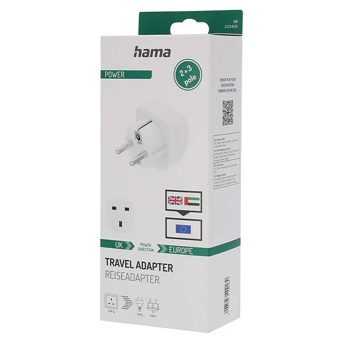 Hama Reiseadapter England/UK nach Europa - Netzsteckertyp Reiseadapter: Typ E+F (CEE 7/7), Weiß - Bild einer Verpackung für einen Hama-Reiseadapter, der die Kompatibilität mit Steckdosen vom Typ G in Großbritannien und Typ E/F in Europa hervorhebt.