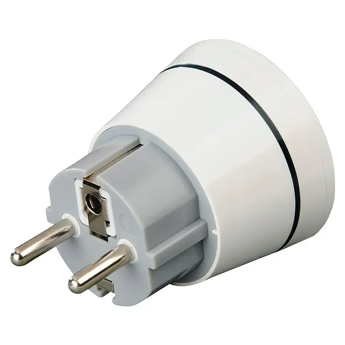 Hama Reiseadapter China/Australien nach Europa - Netzsteckertyp Reiseadapter: Typ E+F (CEE 7/7), Weiß - Aufnahme eines weißen Steckdosenadapters mit zwei Stiften und einem Erdungsclip auf schwarzem Hintergrund.