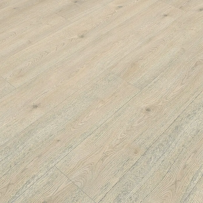Living by Haro Laminatmuster Gigante Eiche Toronto steingrau - 200 x 243 x 8 mm, Landhausdiele - Nahaufnahme von hellem Laminatboden mit subtiler Holzmaserung, ideal für moderne Innenräume und Fußbodenheizung.