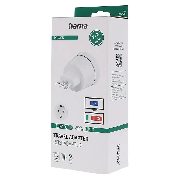 Hama Reiseadapter Europa nach Italien - Netzsteckertyp Reiseadapter: Typ L (CEI 23-50), Weiß - Das Bild zeigt einen Reiseadapter der Marke Hama mit den Aufschriften Power, 2+3 Pole und Europe IT. Es handelt sich um einen Adapter für die Reise.