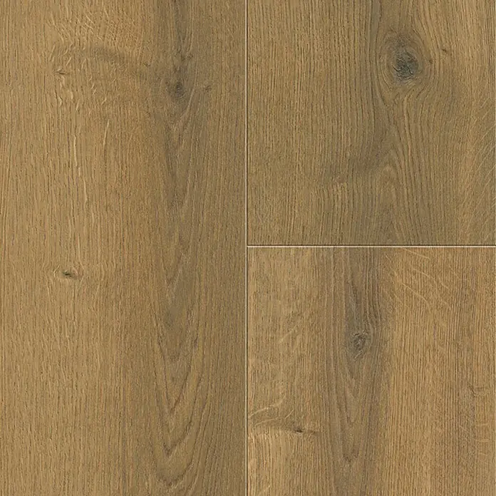 Living by Haro Laminatmuster Eiche Langley natur - 290 x 193 x 7 mm, Landhausdiele - Nahaufnahme von drei Holzböden in warmen Brauntönen, die eine natürliche und rustikale Ästhetik vermitteln. Ideal für gemütliche Wohnräume.