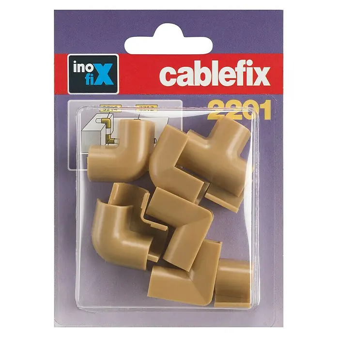 Inofix Cablefix Kit de accesorios para canaleta - Beige, 10 ud. - Embalaje Cablefix 2201 con esquinas marrones para canalizaciones de cables, asegurando un cableado ordenado y protección contra daños.