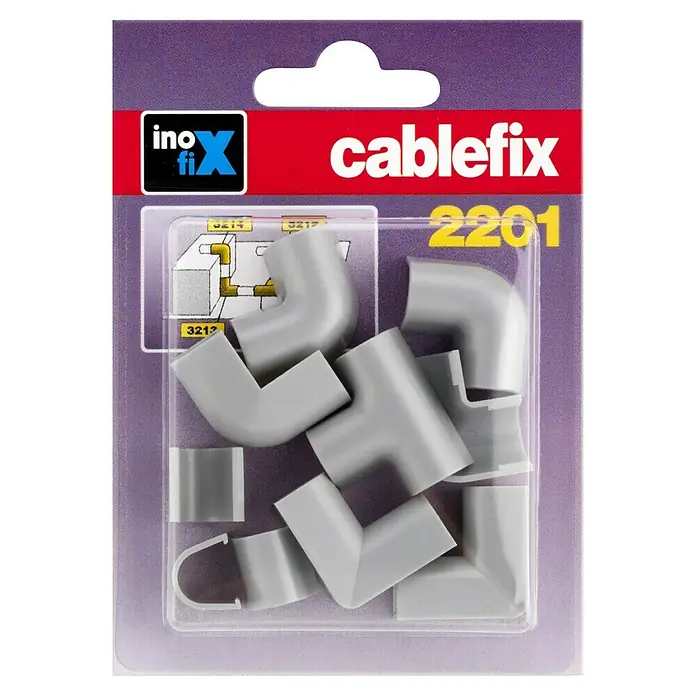Inofix Cablefix Kit de accesorios para canaleta - Gris, 10 ud. - Un paquete de fijaciones para cables Cablefix 2201. Varios ángulos y conectores para la gestión de cables en gris, envasados en plástico.
