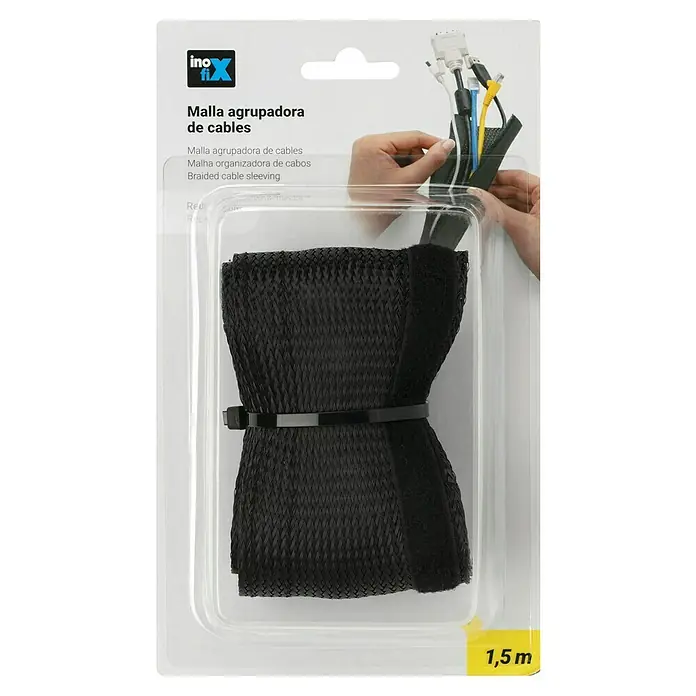 Inofix Organizador de cables de malla expandible - Negro, 8,2 cm x 1,5 m - Imagen de un embalaje de funda organizadora de cables de Inofix. El producto es negro y se utiliza para agrupar y proteger los cables.