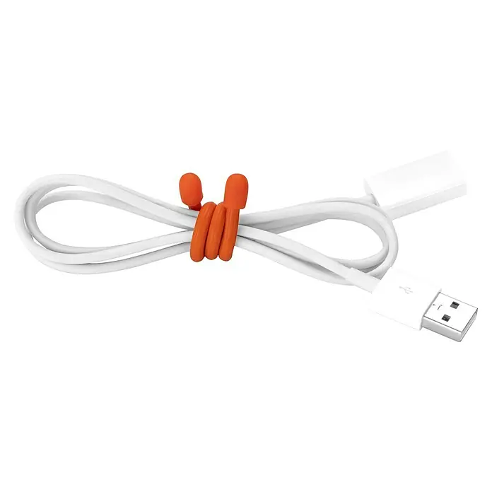 Inofix Bridas para cables Magic Tie - 3 ud., 15 cm, Multicolor - Cable USB blanco con brida naranja, organizado y listo para un transporte y almacenamiento sencillos.