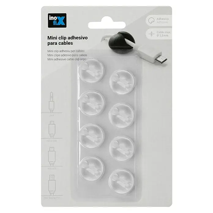 Inofix Fijación para cables adhesivo Mini - Transparente, 8 ud. - Paquete de mini clips adhesivos para cables para organizar cables de hasta 5,5 mm de diámetro. Ideal para el hogar o la oficina.