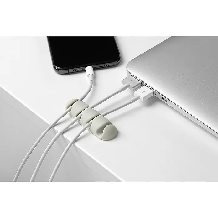 Inofix Fijación para cables adhesivo - Blanco, 2 ud. - Gestión de cables de escritorio con cables de carga para smartphone y computadora portátil sujetos en clips de cable grises para organización.