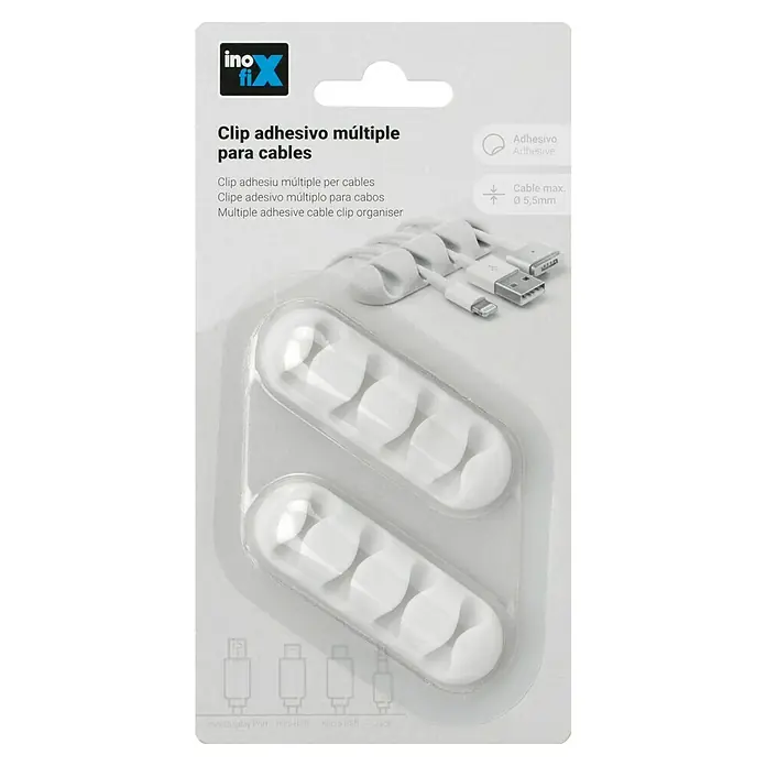 Inofix Fijación para cables adhesivo - Blanco, 2 ud. - Imagen de un paquete de clips de cable InoFix, diseñados para una gestión ordenada de los cables y una instalación sencilla con tiras adhesivas.