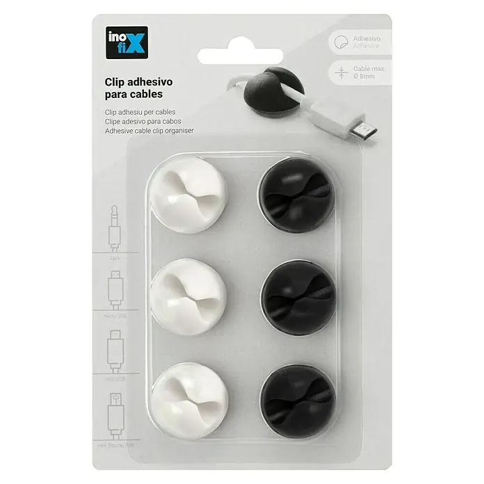 Inofix Fijación para cables adhesivo - Blanco y Negro, 6 ud. - Imagen de clips de cable Ino-Fix, prácticos organizadores autoadhesivos en blanco y negro para una gestión ordenada de cables.