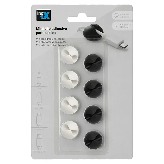 Inofix Fijación para cables adhesivo Mini - Blanco y Negro, 8 ud. - Paquete de mini clips de cable autoadhesivos para una organización fácil y ordenada de los cables en blanco y negro.