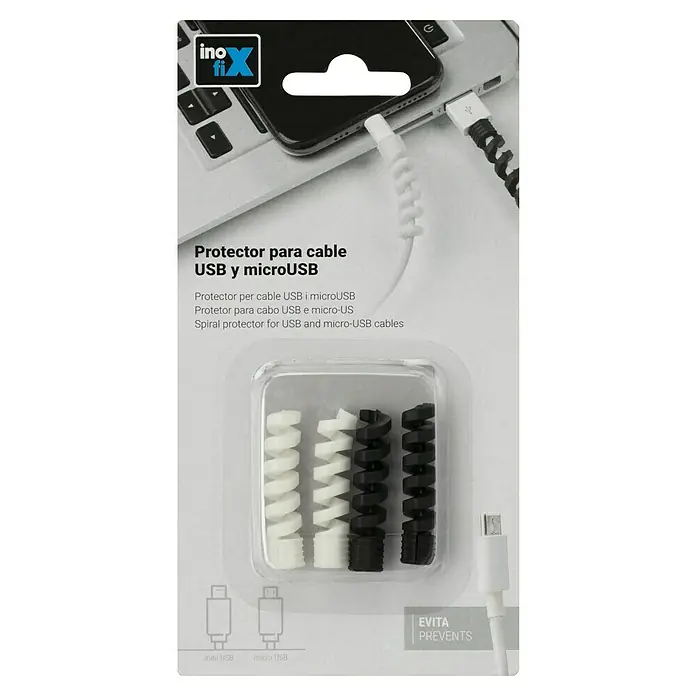Inofix Protector de cables - Blanco y Negro, 4 ud. - Paquete de protectores de cable USB blancos y negros que protegen los cables contra daños y prolongan su vida útil.