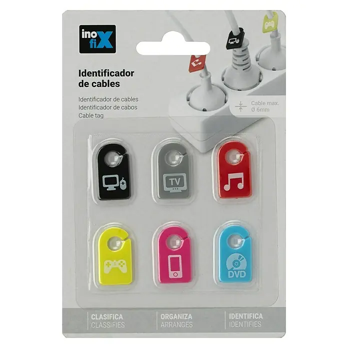 Inofix Placa identificativa para cables - Multicolor, 6 ud. - Juego de cables con seis etiquetas de colores para la fácil identificación de cables de ordenador, TV, audio y vídeo.