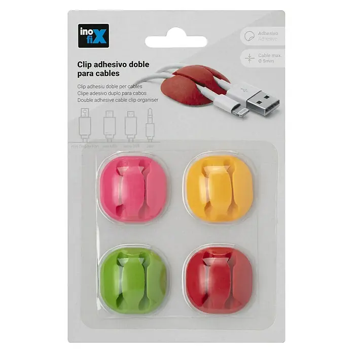 Inofix Fijación para cables adhesivo - Multicolor, 4 ud. - Imagen de un clip adhesivo doble para cables InoFix en varios colores. Ideal para la organización de cables con un grosor máximo de Ø 5 mm.