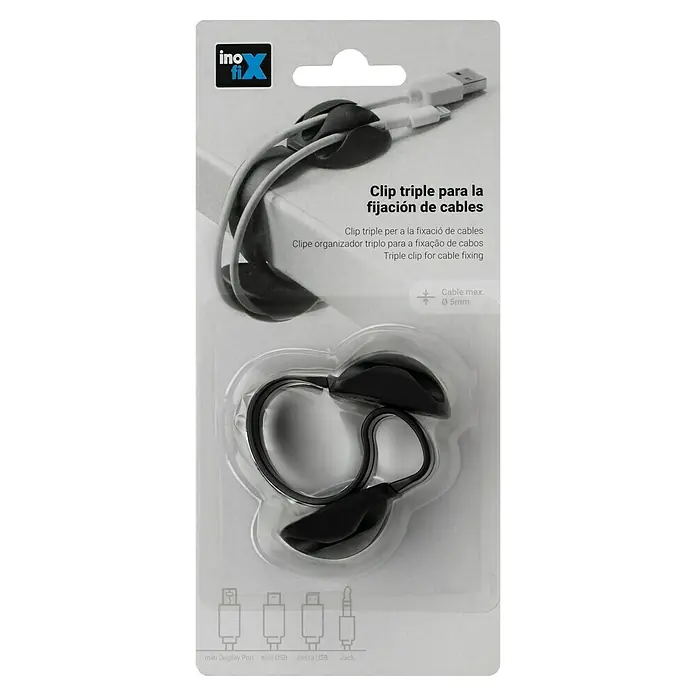 Inofix Fijación para cables de clip adhesivo - Negro, 1 ud. - Embalaje de un clip de cable triple InoFix para fijación y organización de cables con varias representaciones de puertos.