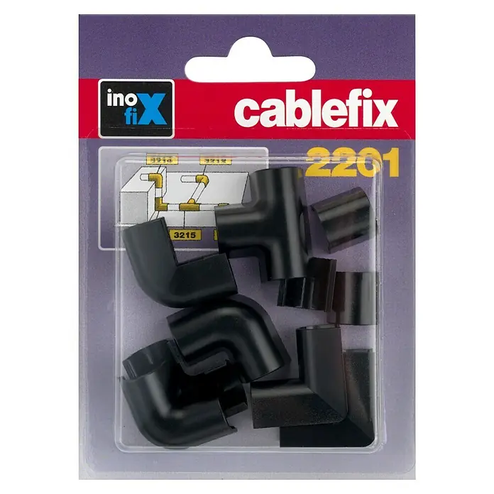 Inofix Cablefix Kit de accesorios para canaleta - Negro, 10 ud. - Paquete de Cablefix 2201 con esquinas negras y piezas en T para montaje de cables. Accesorios prácticos para un enrutamiento de cables ordenado.