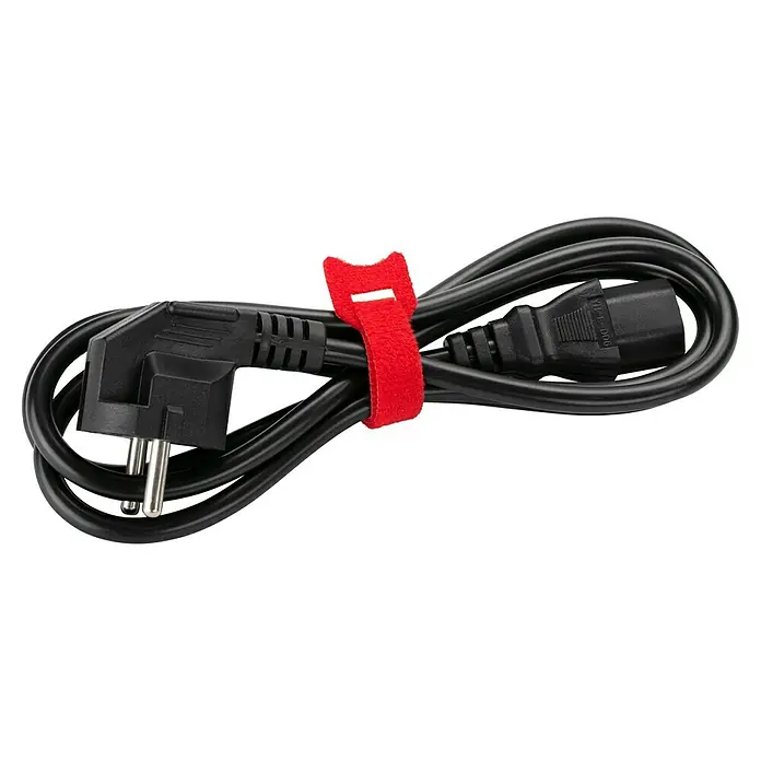 Inofix Cinta de velcro para cables - 5 ud., 20 cm, Multicolor - Cable de alimentación negro con enchufe europeo y cinta de velcro roja. El cable está enrollado y listo para usar.
