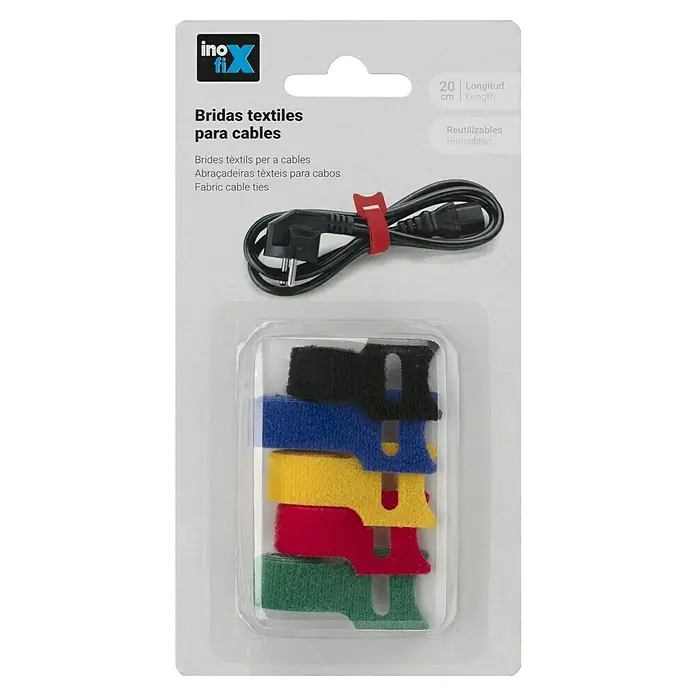 Inofix Cinta de velcro para cables - 5 ud., 20 cm, Multicolor - Paquete de bridas textiles para cables en varios colores, reutilizables y de 20 cm de longitud. Ideal para organizar cables.