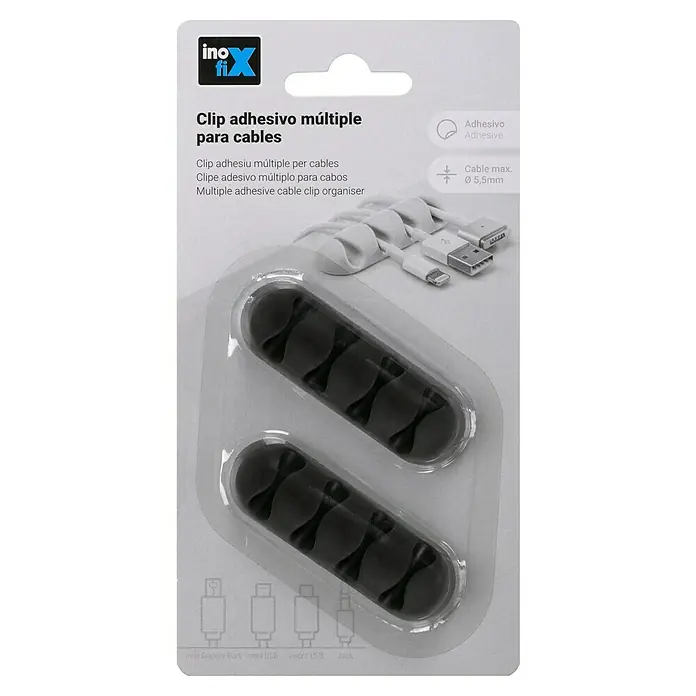 Inofix Fijación para cables adhesivo - Negro, 2 ud. - Clips de cable adhesivos múltiples para la organización de cables.