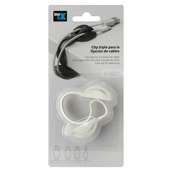 Inofix Fijación para cables de clip adhesivo - Blanco, 1 ud. - Embalaje de un clip de cable triple para la fijación de cables, con varias ilustraciones de puertos en la parte inferior.