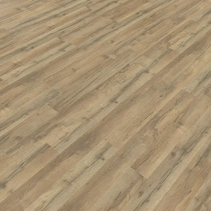 Living by Haro Laminat Sonderedition Eiche Calabria1.282 x 193 x 7 mm, 2-Stab, Eiche Calabria - Eine Nahaufnahme eines Laminatbodens mit einem hellbraunen Farbton und einer realistischen Holzstruktur. Perfekt für moderne Wohnräume.
