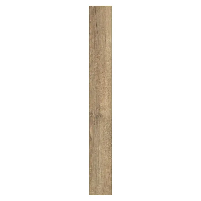 Living by Haro Laminat Sonderedition Eiche Calabria1.282 x 193 x 7 mm, 2-Stab, Eiche Calabria - Nahaufnahme einer einzelnen, länglichen Fliese mit einem natürlichen Holzmaserungsmuster in warmen Brauntönen.