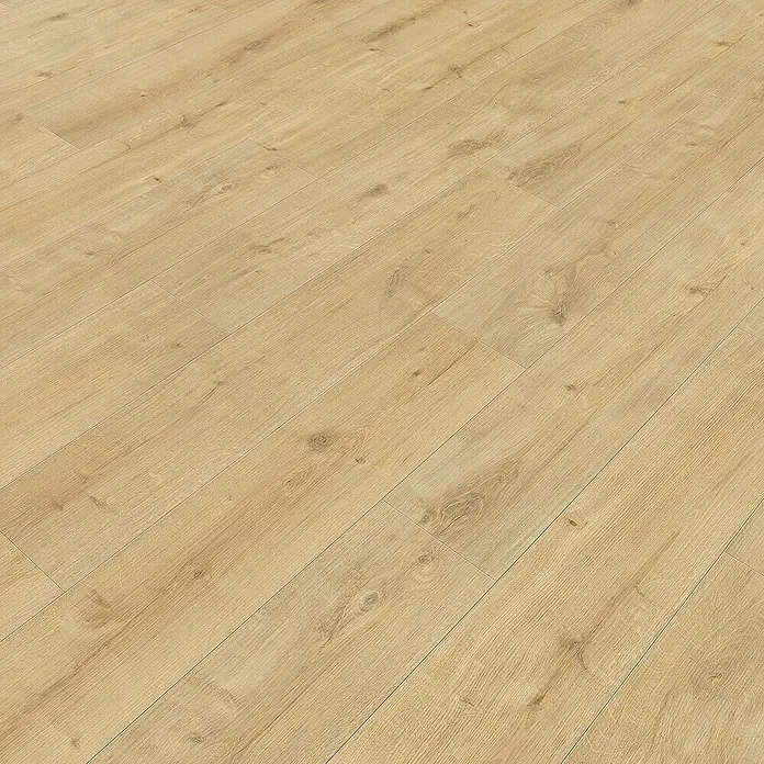 Living by Haro Laminat Sonderedition - Eiche Siena puro, Landhausdiele, 1.282 x 193 x 7 mm - Nahaufnahme eines hellen Laminatbodens mit Holzmaserung, der eine natürliche und warme Atmosphäre vermittelt.