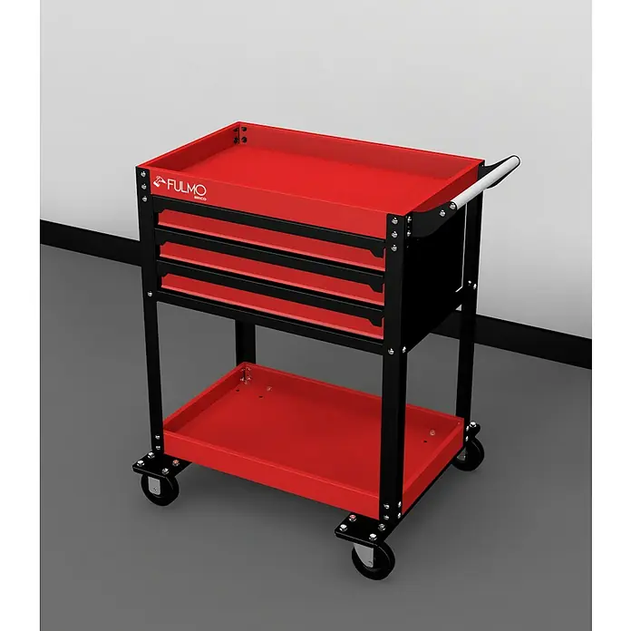 Fulmo Carro portaherramientas - L x An x Al: 68 x 45 x 90,5 cm, Acero, Rojo/Negro - Carro de herramientas rojo con tres cajones y estante inferior. Tiene estructura negra y un asa para moverlo con facilidad. Ideal para el taller.