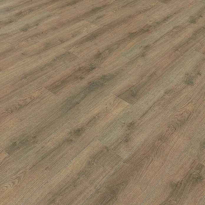 Living by Haro Laminat Sonderedition - Eiche Scarpa geräuchert, Landhausdiele, 1.282 x 193 x 7 mm - Detailaufnahme eines Laminatbodens mit natürlicher Holzoptik. Die warmen Farbtöne und die realistische Maserung verleihen jedem Raum eine gemütliche Atmosphäre.