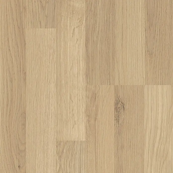 Living by Haro Laminatmuster Sonderedition Steineiche290 x 193 x 7 mm, Schiffsboden - Nahaufnahme von hellem Eichenparkett, das die natürliche Maserung und warme Töne des Holzes zeigt. Die Oberfläche ist glatt und einladend.