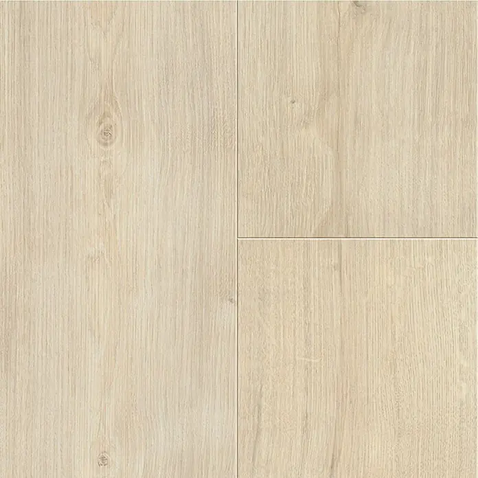 Living by Haro Laminatmuster Sonderedition Eiche Siena weiß - 290 x 193 x 7 mm, Landhausdiele - Nahaufnahme eines beigen Laminatbodens mit Maserung und Struktur, der ein helles und modernes Ambiente erzeugt.