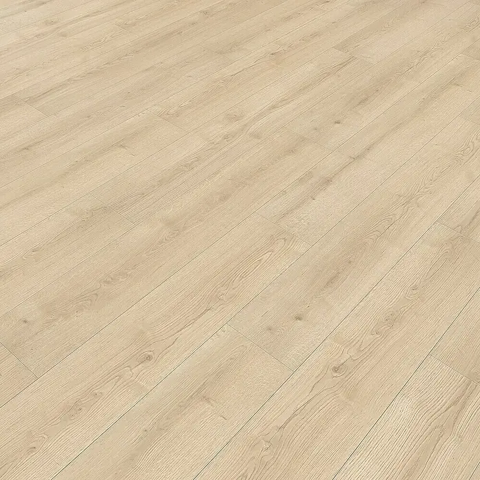 Living by Haro Laminatmuster NKL32 Eiche Langley creme290 x 193 x 7 mm, Landhausdiele - Heller Laminatboden mit Holzstruktur. Die Paneele sind länglich und im Winkel zur Ansicht angeordnet. Ideal für modernes Wohnen.