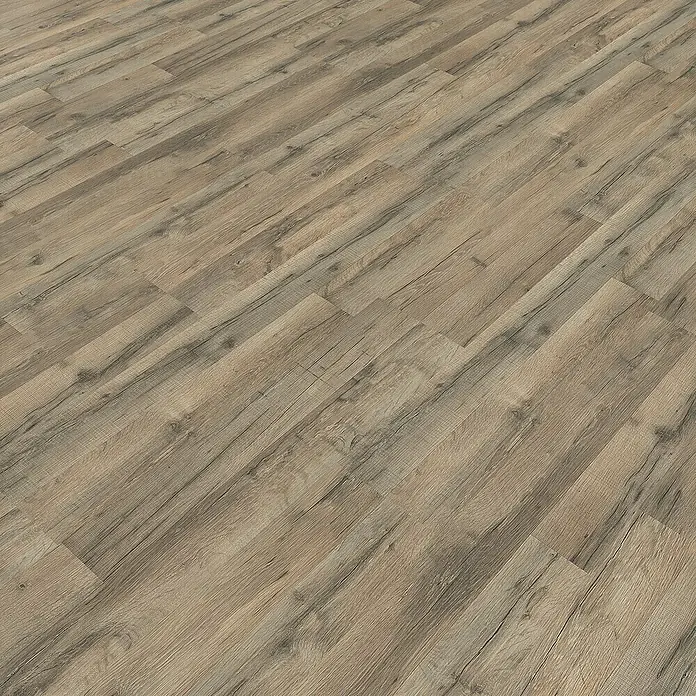 Living by Haro Laminatmuster Sonderedition Graphiteiche - 290 x 193 x 7 mm, 2-Stab - Das Bild zeigt einen Holzboden mit hellbraunen Holzdielen, die in einem Winkel verlegt sind. Die Dielen haben eine natürliche Holzstruktur.
