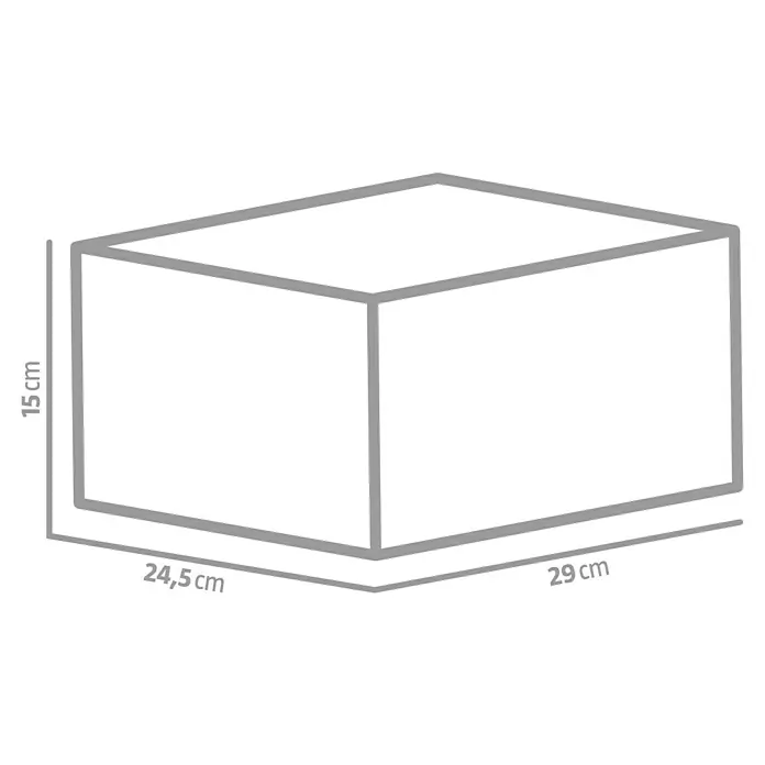 Christoph Mähstein Mähroboter L-Randstein - 24,5 x 29 x 15 cm, Grau, Beton - Bild einer skizzierten quaderförmigen Box mit den Maßen 29 cm Länge, 24,5 cm Breite und 15 cm Höhe, die die Abmessungen des Produkts zeigt.