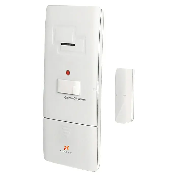 Xindar Alarma para ventana y puerta - 8 x 48,5 x 106 mm - Primer plano del conjunto de sensor de puerta Xindar, que consta de un sensor principal y un pequeño sensor magnético para la detección de puertas.