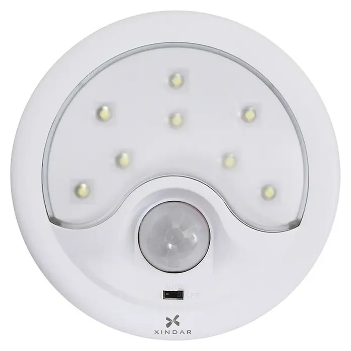 Xindar Sensor de movimiento Portir - Alcance sensor: 5 m, Blanco, Ángulo de detección sensor: 120 °, L x An x Al: 37,5 x 110 x 40 mm - Lámpara LED Xindar redonda blanca con sensor de movimiento y múltiples puntos de luz. Ideal para armarios o pasillos.