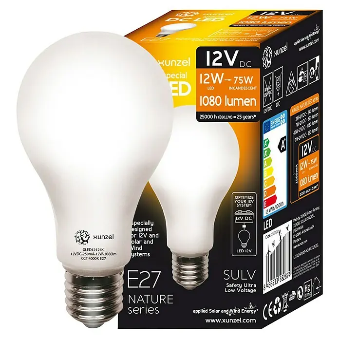 Xunzel Bombilla LED Nature - E27, No regulable, Blanco neutro, 1.080 lm, 12 W, 12 V - Imagen del producto de una lámpara LED de 12V DC de Xunzel con 1080 lúmenes, ideal para sistemas de energía solar y eólica.