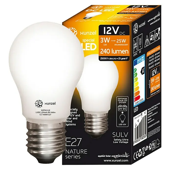 Xunzel Bombilla LED Nature - E27, No regulable, Blanco neutro, 240 lm, 3 W, 12 V - Imagen de una bombilla LED Xunzel E27, 3W-25W, 240 lúmenes, especialmente diseñada para sistemas solares y eólicos de 12V, con clase de eficiencia energética A.