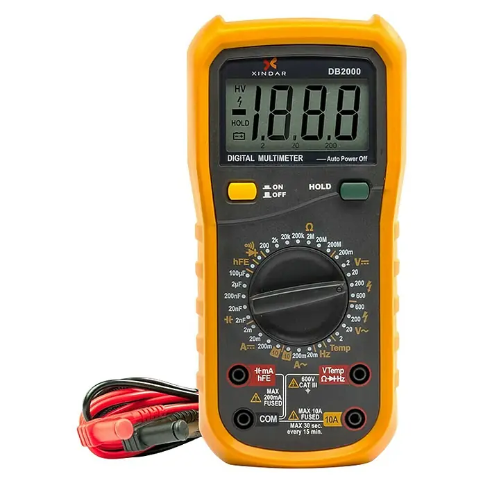 Xindar Multímetro digital prefesional DB2000 - Número de polos: 2 ud., IP20, Medición de frecuencia - En la imagen se muestra un multímetro digital amarillo de XINDAR, modelo DB2000, con cables de prueba.