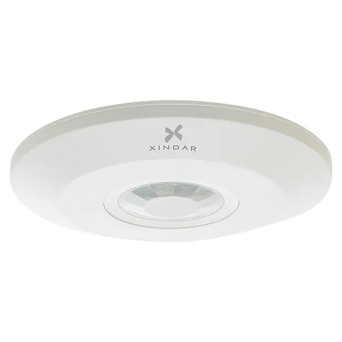 Xindar Sensor de movimiento SEKKYUR-CSLIQ - Alcance sensor: 6 m, Blanco, Ángulo de detección sensor: 360 ° - Primer plano de un detector de movimiento Xindar blanco y redondo con un sensor transparente en el centro. Diseño elegante para montaje en techo.