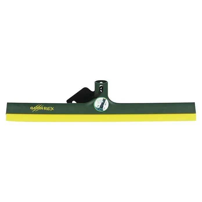 Cepillo escoba con escurridor Gardirex - Ancho: 42 cm - Primer plano de un limpiacristales GARD!REX verde y amarillo con mango negro.