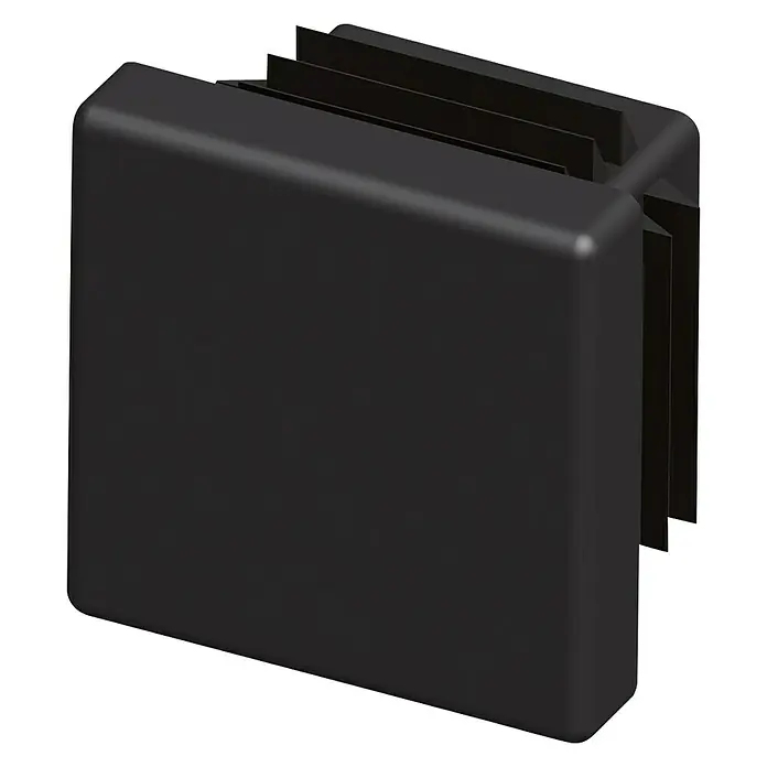 Kantoflex Lamellenstopfen23,5 x 23,5 mm, Schwarz, PVC - Eine schwarze quadratische Endkappe mit Lamellen zur Befestigung, ideal für Rohre oder Stangen.