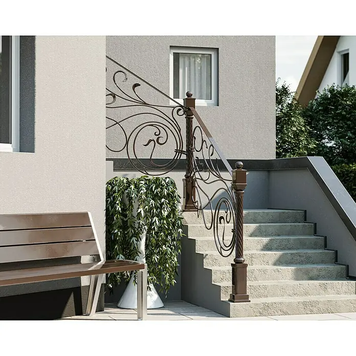 swingcolor Buntlack Kunstharz für Außen - Schokobraun, Hochglänzend, 750 ml, Lösemittelbasiert - Elegante Treppe mit schmiedeeisernem Geländer, das durch sein geschwungenes Design besticht und dem Außenbereich einen Hauch von Klasse verleiht.