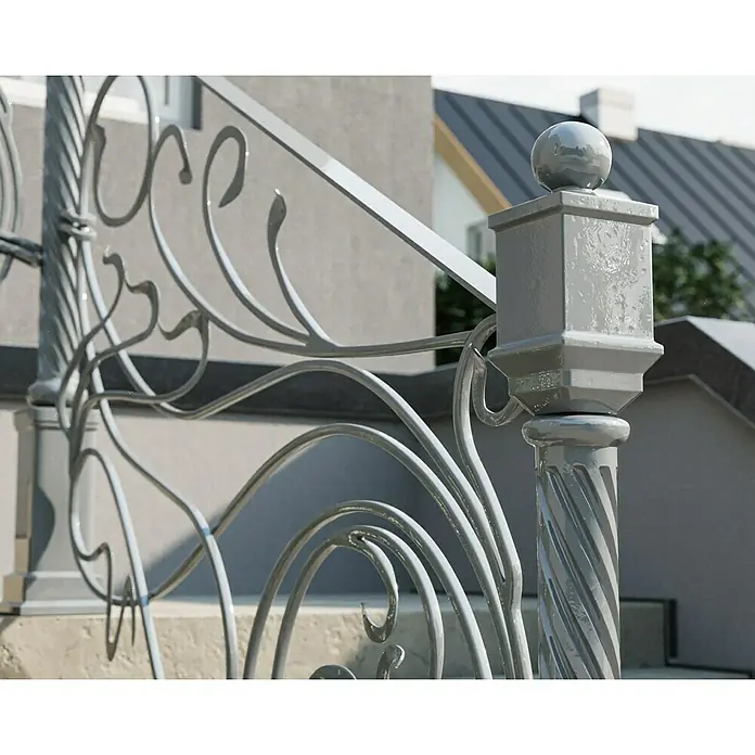 swingcolor Buntlack Kunstharz für Außen - Silbergrau, Hochglänzend, 750 ml, Lösemittelbasiert - Detailaufnahme eines grauen, kunstvoll geschmiedeten Geländers mit verschnörkelten Ornamenten und einem dekorativen Pfosten mit Kugelaufsatz.