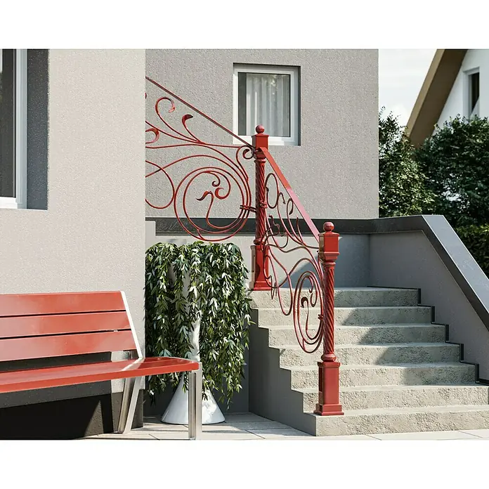 swingcolor Buntlack Kunstharz für Außen - Feuerrot, Hochglänzend, 125 ml, Lösemittelbasiert - Rote Metalltreppe mit verschnörkelten Details vor einem Haus. Die Treppe ist ein echter Blickfang und verleiht dem Eingangsbereich einen Hauch von Eleganz.